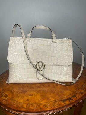Valentino Ivory Croc-Embossed Top Handle Satchel with Gold Logo